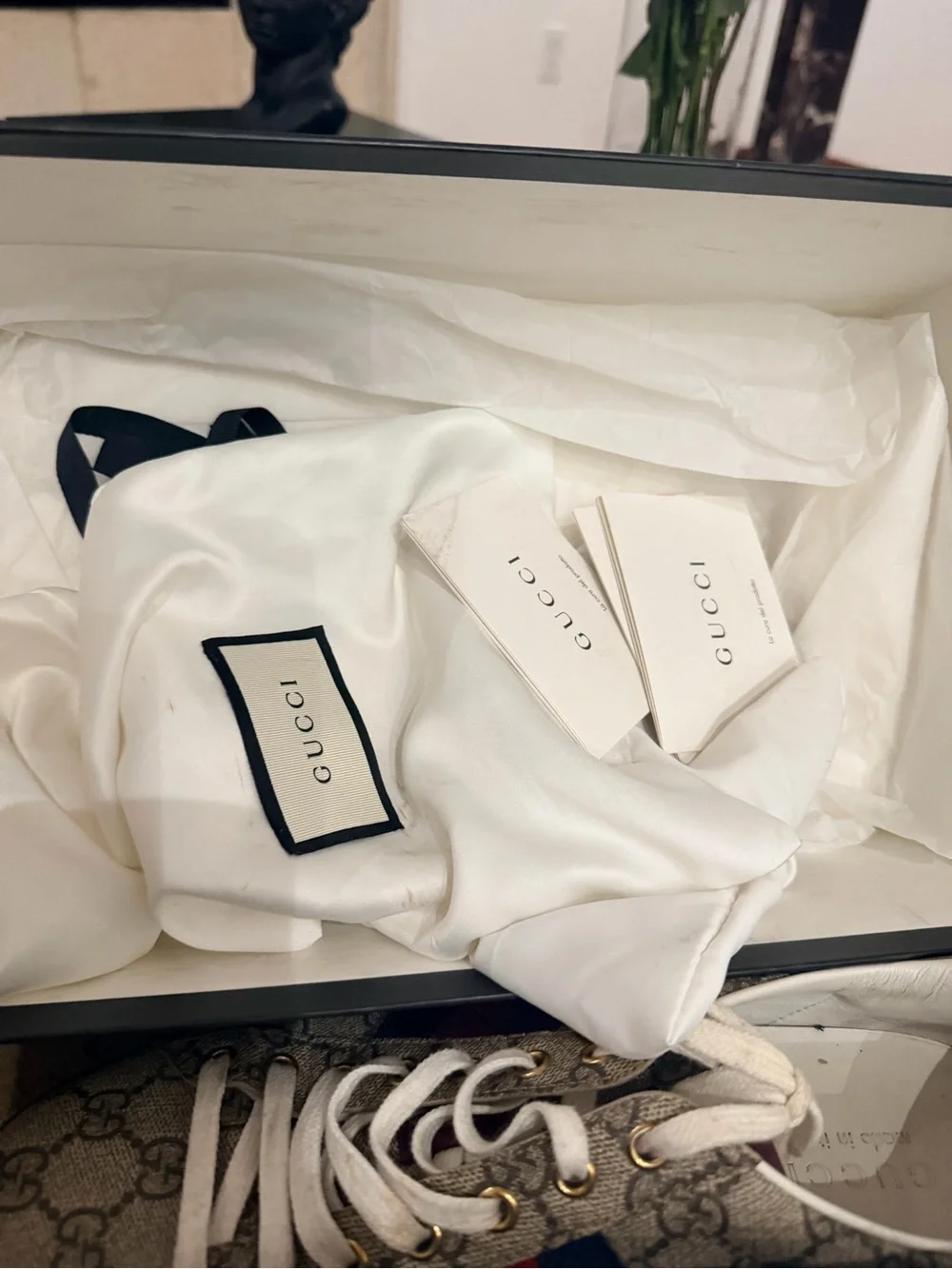 Gucci Beige GG Canvas Sneakers with Red & Navy Web and Red Sole